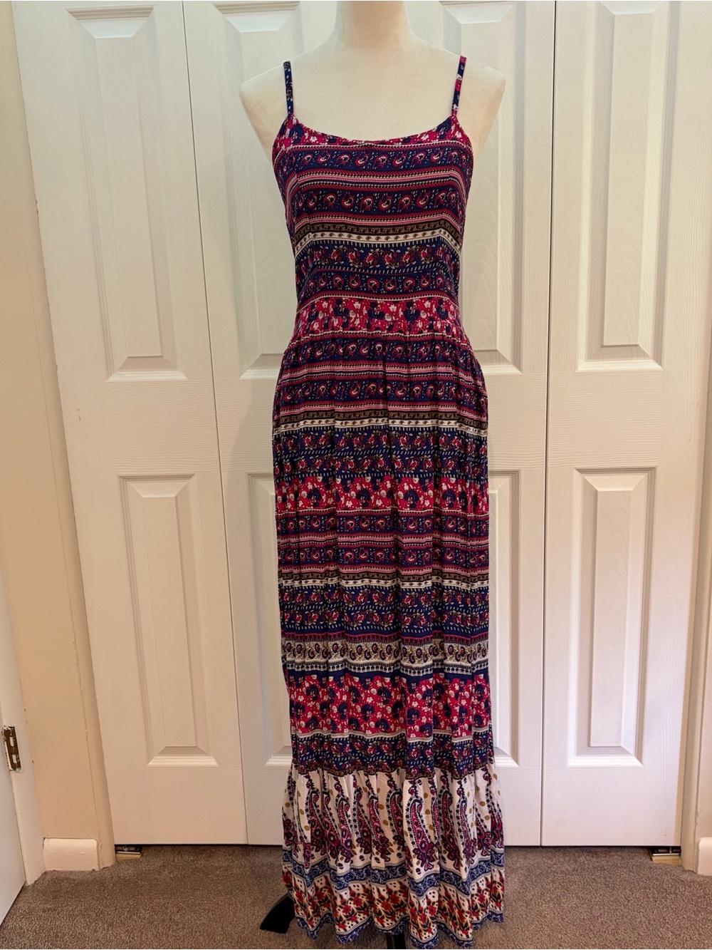 World Market SzS/M bohemian Striped Floral Maxi Dress in Navy and Pink